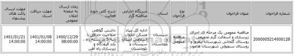 مناقصه عمومی یک مرحله ای اجرای زیرسازی و آسفالت گرم تجمیعی روستای گلخانی شهرستان نیمروز و روستای سنچولی شهرستان هامون