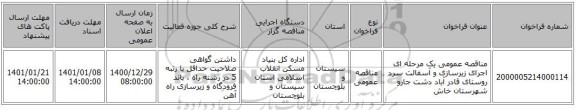 مناقصه عمومی یک مرحله ای اجرای زیرسازی و آسفالت سرد روستای قادر آباد دشت جارو شهرستان خاش