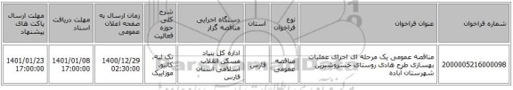 مناقصه عمومی یک مرحله ای اجرای عملیات بهسازی طرح هادی روستای خسروشیرین شهرستان آباده