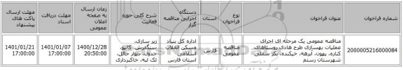 مناقصه عمومی یک مرحله ای اجرای عملیات بهسازی طرح هادی روستاهای کناره، پهون، آبرهه، خیکنده، بکر سفلی شهرستان رستم