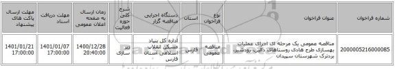 مناقصه عمومی یک مرحله ای اجرای عملیات بهسازی طرح هادی روستاهای دالین، رودشیر، بردترک شهرستان سپیدان