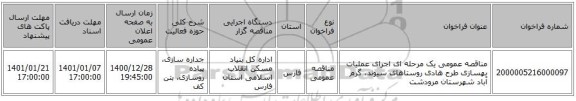 مناقصه عمومی یک مرحله ای اجرای عملیات بهسازی طرح هادی روستاهای سیوند، گرم آباد شهرستان مرودشت