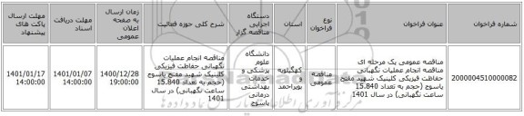 مناقصه عمومی یک مرحله ای مناقصه  انجام عملیات نگهبانی حفاظت فیزیکی  کلینیک شهید مفتح یاسوج  (حجم به تعداد 15.840  ساعت نگهبانی) در سال 1401