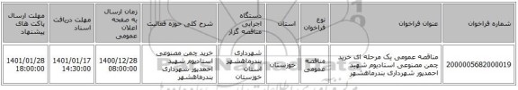 مناقصه عمومی یک مرحله ای خرید چمن مصنوعی استادیوم شهید احمدپور شهرداری بندرماهشهر