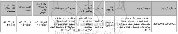 مناقصه عمومی یک مرحله ای مناقصه    تهیه ، طبخ و توزیع غذا   بیمارستان شهید جلیل یاسوج  در سال1401   دانشگاه علوم پزشکی یاسوج