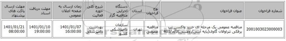 مناقصه عمومی یک مرحله ای خرید واکسن تب برفکی تتراوالان گاوی(پایه آبــی/روغنــی)3/م/401