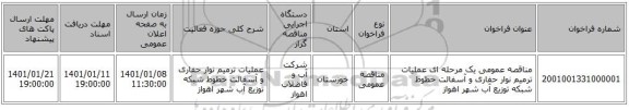 مناقصه عمومی یک مرحله ای عملیات ترمیم نوار حفاری و آسفالت خطوط شبکه توزیع آب شهر اهواز