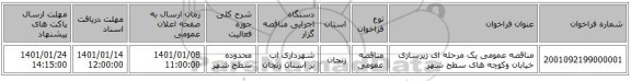 مناقصه عمومی یک مرحله ای زیرسازی خیابان وکوچه های سطح شهر