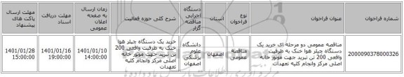 مناقصه عمومی دو مرحله ای خرید یک دستگاه چیلر هوا خنک به ظرفیت واقعی 200 تن تبرید جهت موتور خانه اصلی مرکز وانجام کلیه تعهدات 