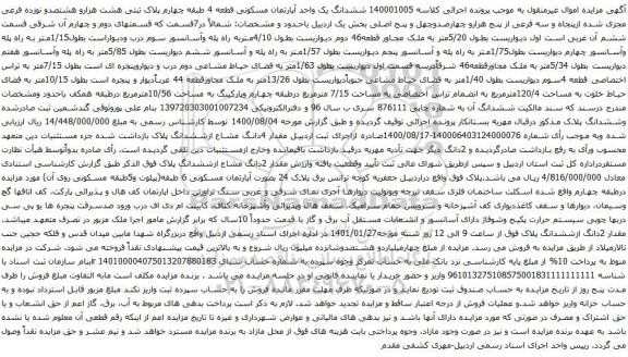 آگهی مزایده  ششدانگ یک واحد آپارتمان مسکونی قطعه 4 طبقه چهارم پلاک ثبتی هشت هزارو هشتصدو نوزده فرعی