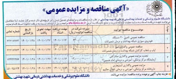 مناقصه تامین 20 دستگاه خودروی سواری...