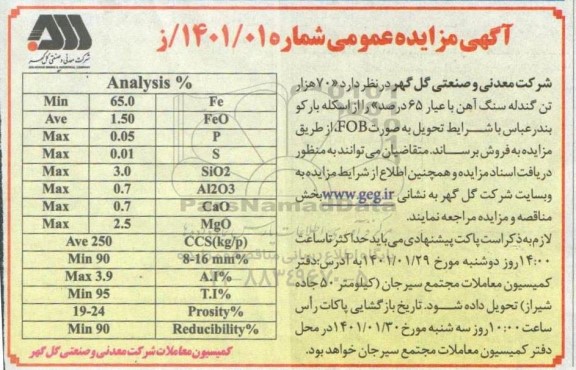 مزایده 70 هزار تن گندله سنگ آهن با عیار 65 درصد