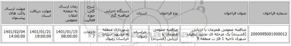 مناقصه عمومی همزمان با ارزیابی (فشرده) یک مرحله ای  تجدید تنظیف شهری ناحیه 1 فاز ب منطقه 9