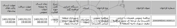 مناقصه عمومی همزمان با ارزیابی (فشرده) یک مرحله ای تجدید  مناقصه تنظیف شهری ناحیه 2منطقه 9