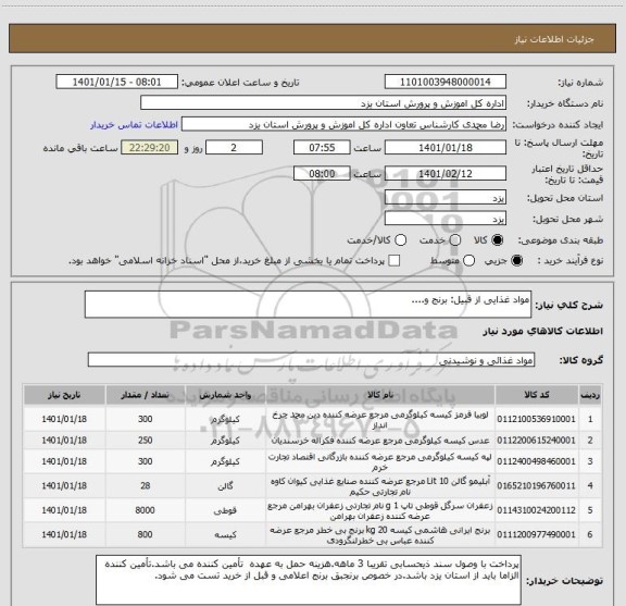 استعلام مواد غذایی از قبیل: برنج و....