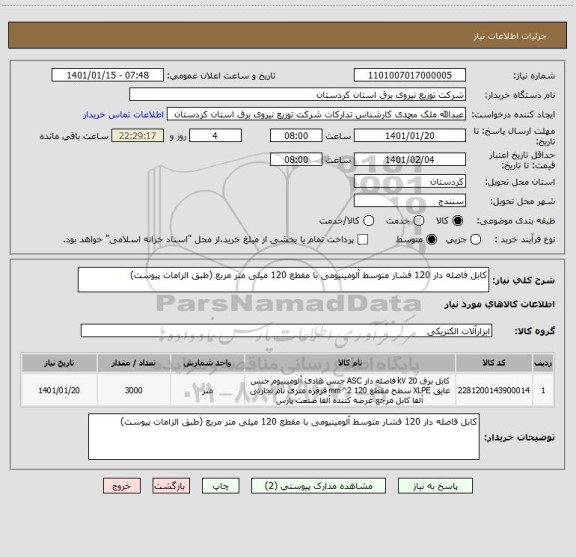 استعلام کابل فاصله دار 120 فشار متوسط آلومینیومی با مقطع 120 میلی متر مربع (طبق الزامات پیوست)