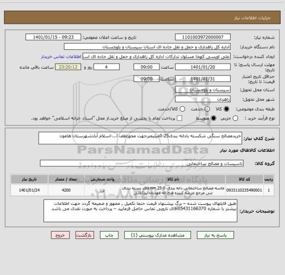 استعلام خریدمصالح سنگی شکسته بادانه بندی25-0میلیمترجهت محورلطف ا...-اسلام آبادشهرستان هامون