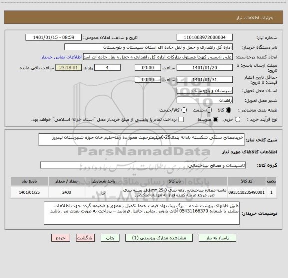 استعلام خریدمصالح سنگی شکسته بادانه بندی25-0میلیمترجهت محور ده رضا-حلیم خان حوزه شهرستان نیمروز