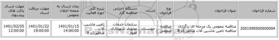 مناقصه عمومی یک مرحله ای برگزاری مناقصه تامین ماشین آلات مناطق1و 8