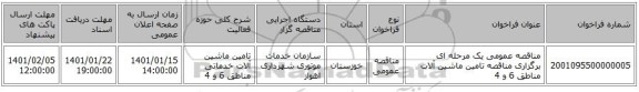 مناقصه عمومی یک مرحله ای برگزاری مناقصه تامین ماشین آلات مناطق 6  و  4