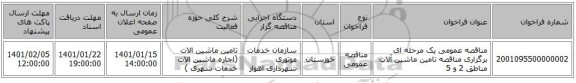 مناقصه عمومی یک مرحله ای برگزاری مناقصه تامین ماشین آلات مناطق 2 و 5