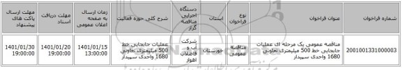 مناقصه عمومی یک مرحله ای عملیات جابجایی خط 500 میلیمتری تعاونی 1680 واحدی سپیدار