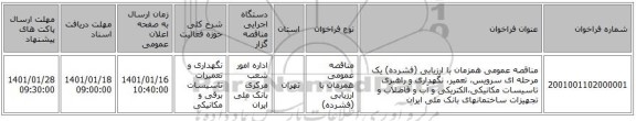 مناقصه عمومی همزمان با ارزیابی (فشرده) یک مرحله ای سرویس، تعمیر، نگهداری و راهبری تاسیسات مکانیکی،الکتریکی و آب و فاضلاب و تجهیزات ساختمانهای بانک ملی ایران 