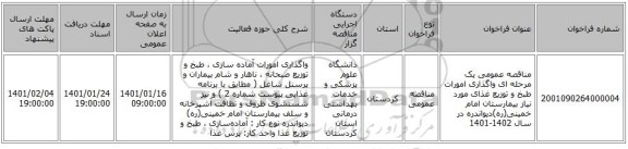 مناقصه عمومی یک مرحله ای واگذاری امورات طبخ و توزیع غذای مورد نیاز بیمارستان امام خمینی(ره)دیواندره در سال 1402-1401