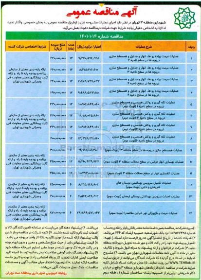 مناقصه عملیات مرمت پیاده روها  ،انهار و جداول و همسطح سازی.....