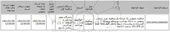 مناقصه عمومی یک مرحله ای مناقصه   خرید خدمات عمومی در شبکه بهداشت و درمان شهرتان گچساران و بیمارستان شهید رجایی گچساران حجم کار  101.376  ساعت  (11ماه