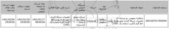 مناقصه عمومی دو مرحله ای تعمیرات شبکه فشار متوسط به روش خط گرم (اکیپ شماره یک 1401)