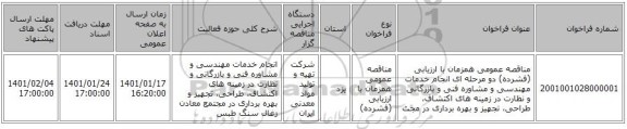 مناقصه عمومی همزمان با ارزیابی (فشرده) دو مرحله ای انجام خدمات مهندسی و مشاوره فنی و بازرگانی و نظارت در زمینه های اکتشاف، طراحی، تجهیز و   بهره برداری در مجت