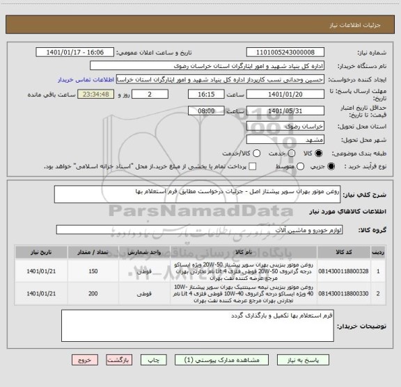 استعلام روغن موتور بهران سوپر پیشتاز اصل - جزئیات درخواست مطابق فرم استعلام بها 