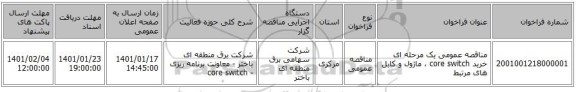 مناقصه عمومی یک مرحله ای خرید core switch ، ماژول و کابل های مرتبط