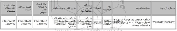 مناقصه عمومی یک مرحله ای تهیه و تحویل سرورهای صنعتی مرکز BAOC و تجهیزات وابسته