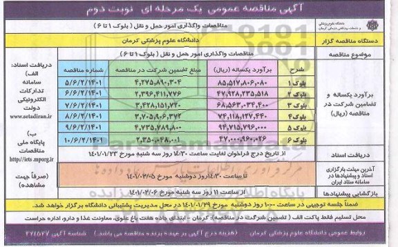 مناقصه، مناقصه واگذاری امور حمل و نقل (بلوک 1 تا 6) - نوبت دوم 