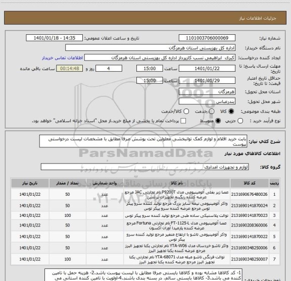 استعلام بابت خرید اقلام و لوازم کمک توانبخشی معلولین تحت پوشش صرفا مطابق با مشخصات لیست درخواستی پیوست