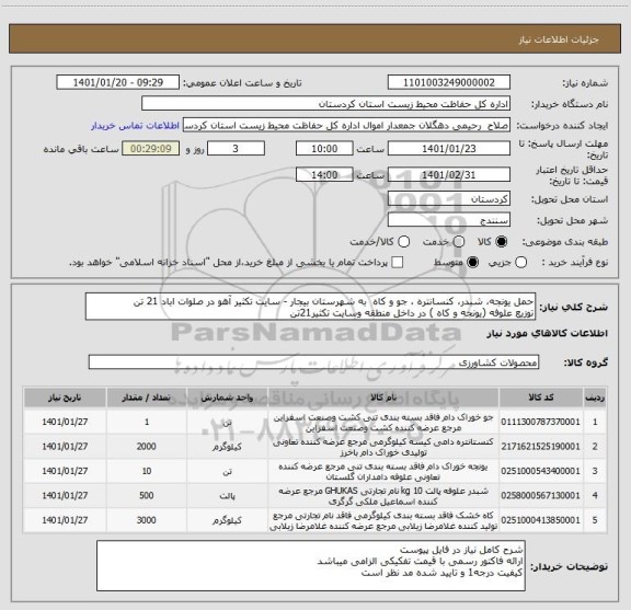 استعلام حمل یونجه، شبدر، کنسانتره ، جو و کاه  به شهرستان بیجار - سایت تکثیر آهو در صلوات اباد 21 تن
توزیع علوفه (یونجه و کاه ) در داخل منطقه وسایت تکثیر21تن