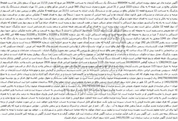 آگهی مزایده ششدانگ یک دستگاه آپارتمان به مساحت 300/94 متر مربع که مقدار 11/15 متر مربع 