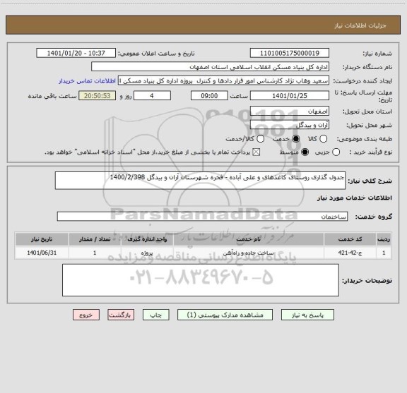 استعلام جدول گذاری روستای کاغذهای و علی آباده - فخره شهرستان آران و بیدگل 1400/2/398