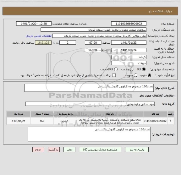 استعلام تعداد160 عددبرنج ده کیلویی گلنوش پاکستانی