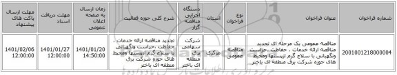 مناقصه عمومی یک مرحله ای تجدید مناقصه ارائه خدمات ، حفاظت ،حراست ونگهبانی با سلاح گرم ازپستها ومحیط های حوزه شرکت برق منطقه ای  باختر 