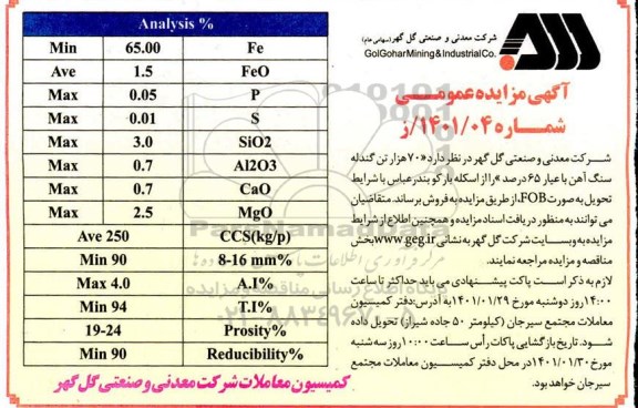 مزایده 70 هزار تن گندله سنگ آهن با عیار 65 درصد