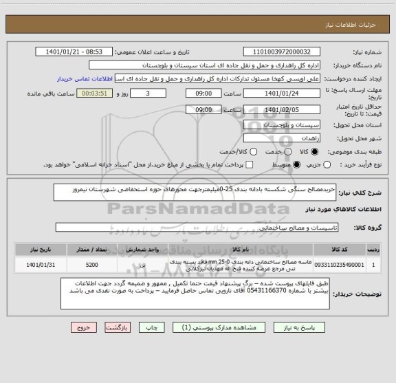 استعلام خریدمصالح سنگی شکسته بادانه بندی 25-0میلیمترجهت محورهای حوزه استحفاضی شهرستان نیمروز