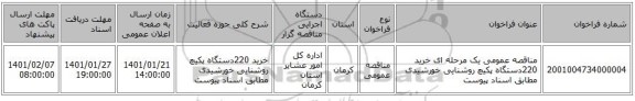 مناقصه عمومی یک مرحله ای خرید 220دستگاه پکیچ روشنایی خورشیدی مطابق اسناد پیوست 