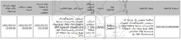 مناقصه عمومی یک مرحله ای سرویس ،تعمیرونگهداری تجهیزات وتاسیسات پستها وخطوط انتقال وفوق توزیع نیروی برق ،تجهیزات وسیستم های مخابراتی ودیسپاچینگ فوق توز