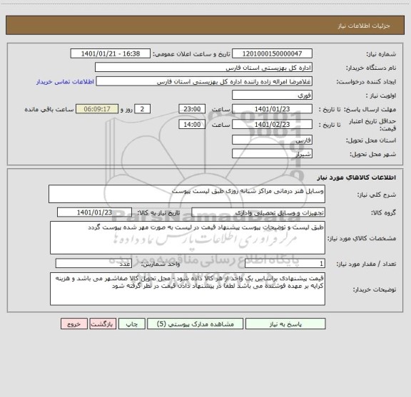 استعلام وسایل هنر درمانی مراکز شبانه روزی طبق لیست پیوست 