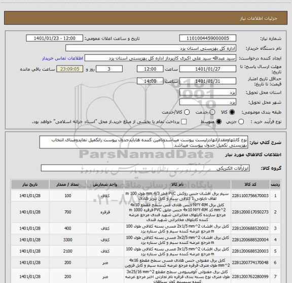 استعلام نوع کابلهاومقدارانهادرلیست پیوست میباشدوتامین کننده هابایدجدول پیوست راتکمیل نمایدومبنای انتخاب بهزیستی تکمیل جدول پیوست میباشد