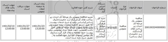 مناقصه عمومی یک مرحله ای احداث زیر ساخت های گردشگری سد جامیشان (برق رسانی)