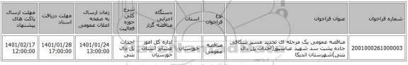 مناقصه عمومی یک مرحله ای تجدید مسیر شکافی جاده پشت سد شهید عباسپور(احداث پل دال بتنی)شهرستان اندیکا